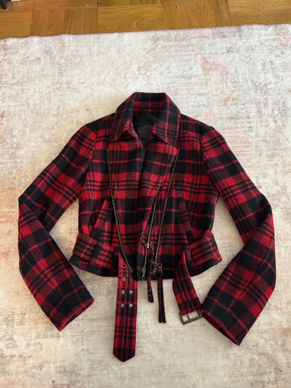 Women’s Red Black Plaid Belted Moto Biker Jacket Cropped Size XS
